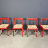 Chaises de salle à manger en laque rouge et osier, années 1970
