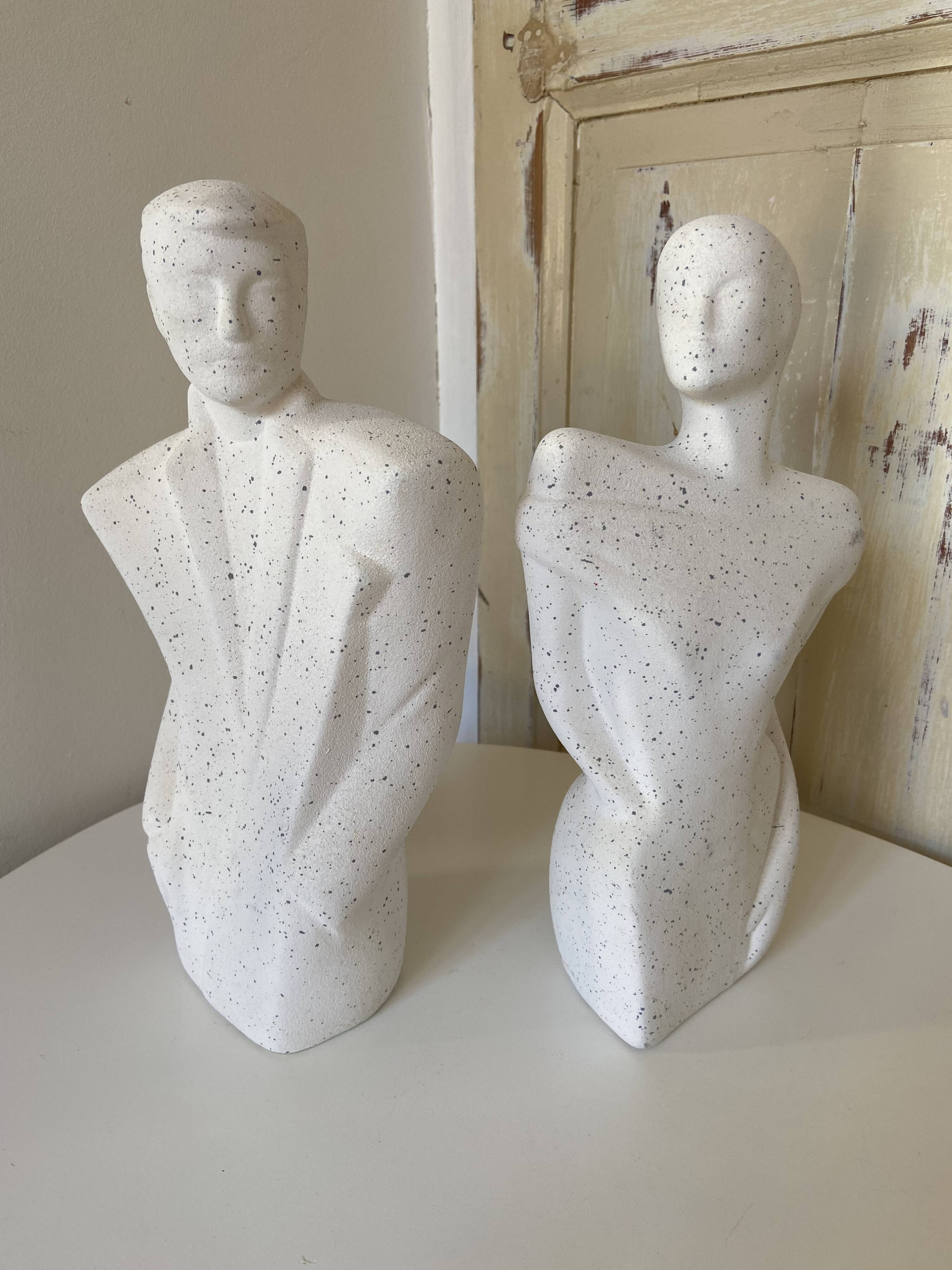 Duo Man Woman Plaster Busts - Style of Lindsey B. Balkweil