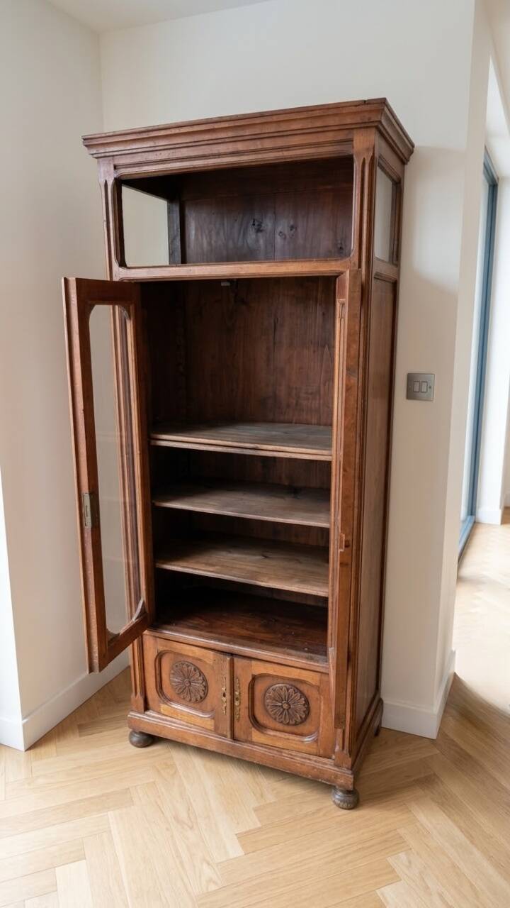 Antique display cabinet in brown wood – glass doors – 180 cm