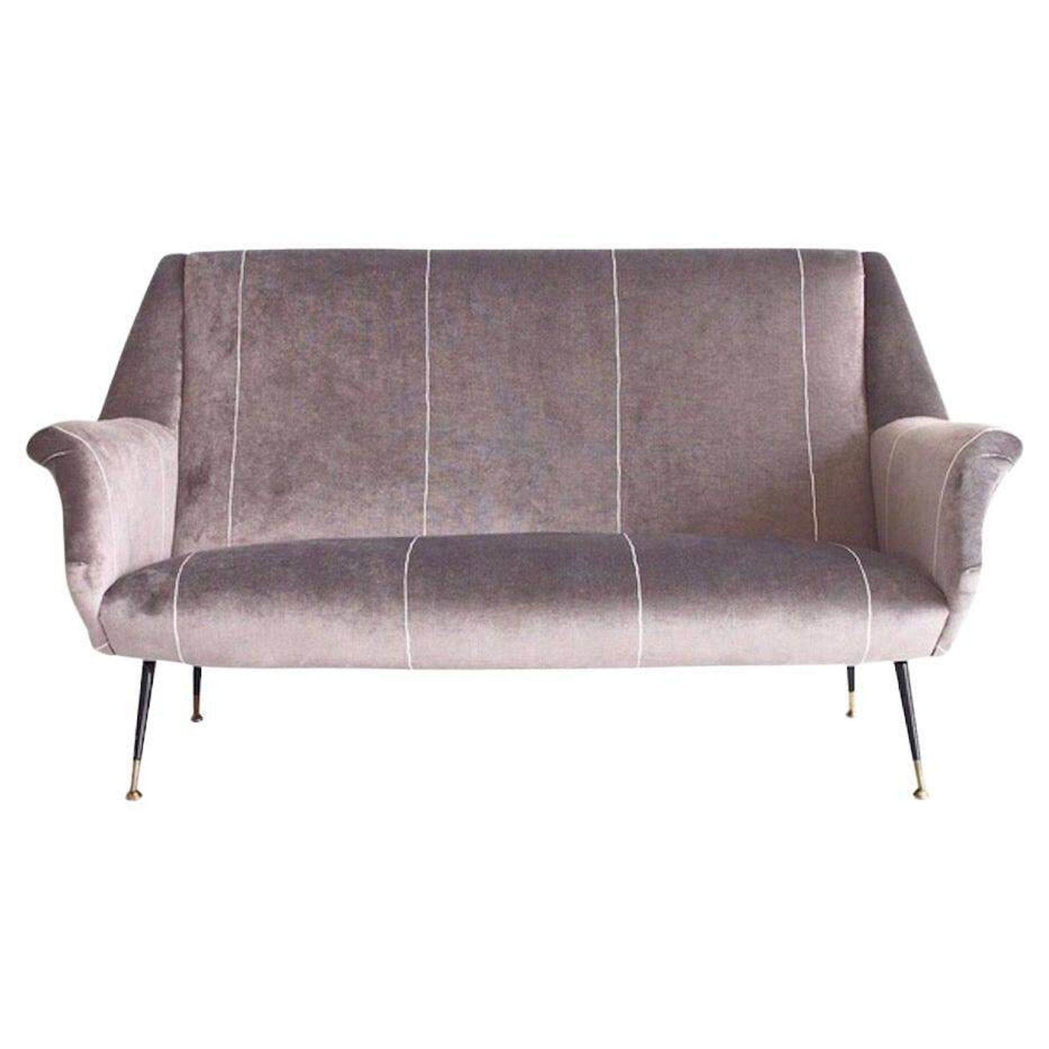 Italian velvet sofa in grey with black lacquered brass legs.
