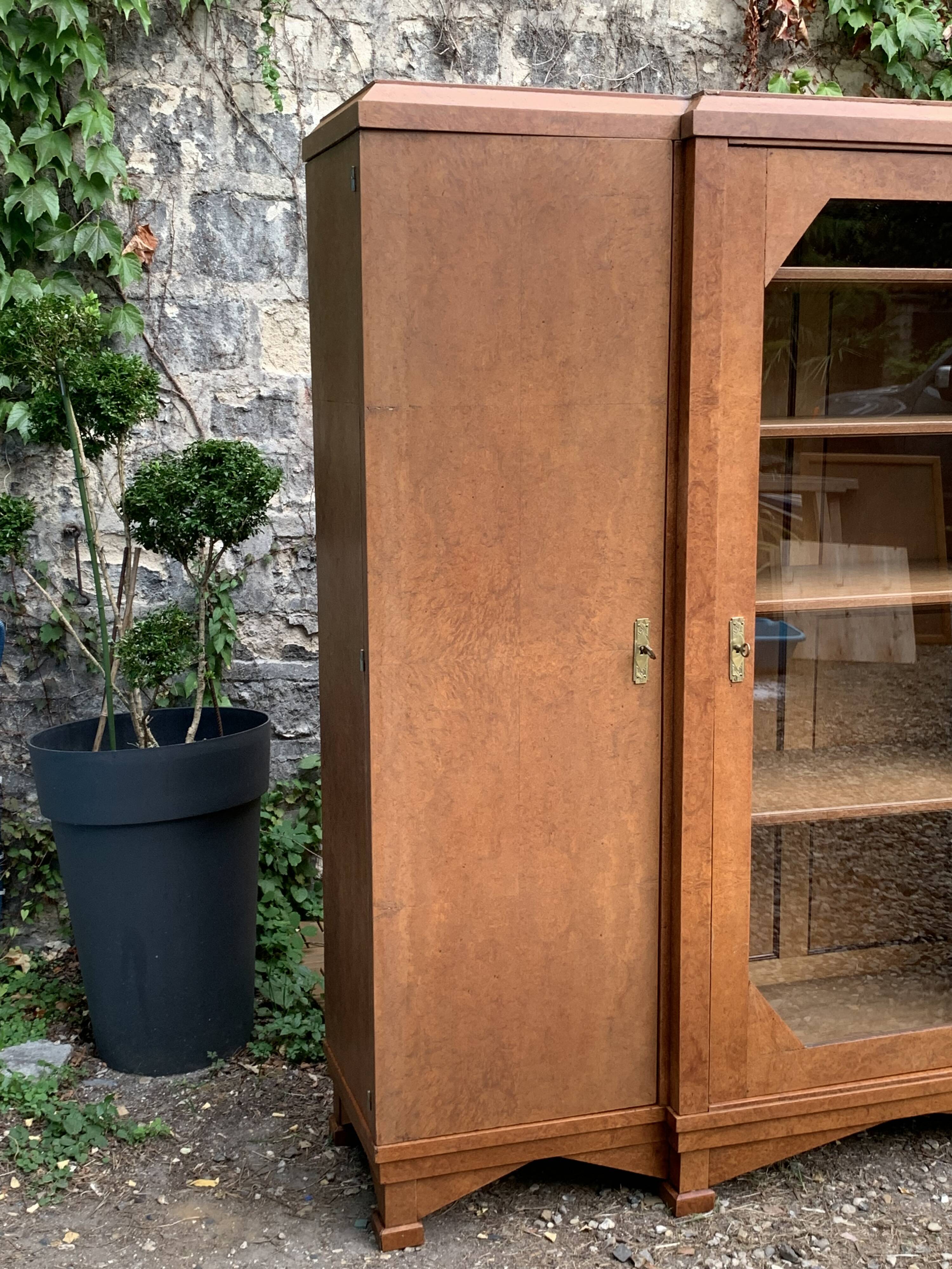 Art deco glass china cabinet in burr walnut 1930