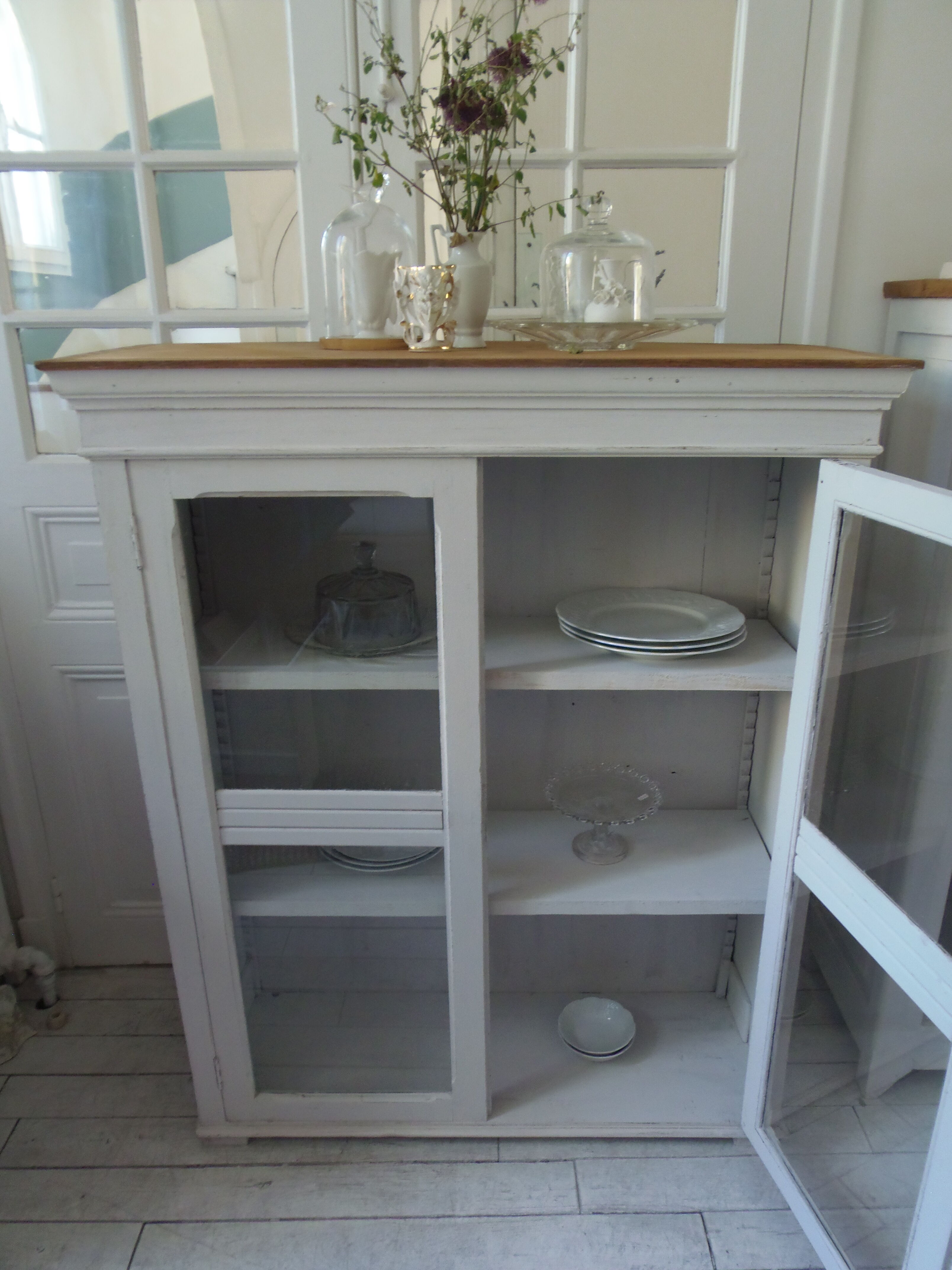 Showcase, bookcase, vintage pearl grey patinated cupboard, wooden top.