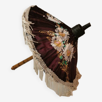 Old umbrella doll umbrella in wood and fabric flowers period 1950 asian motifs