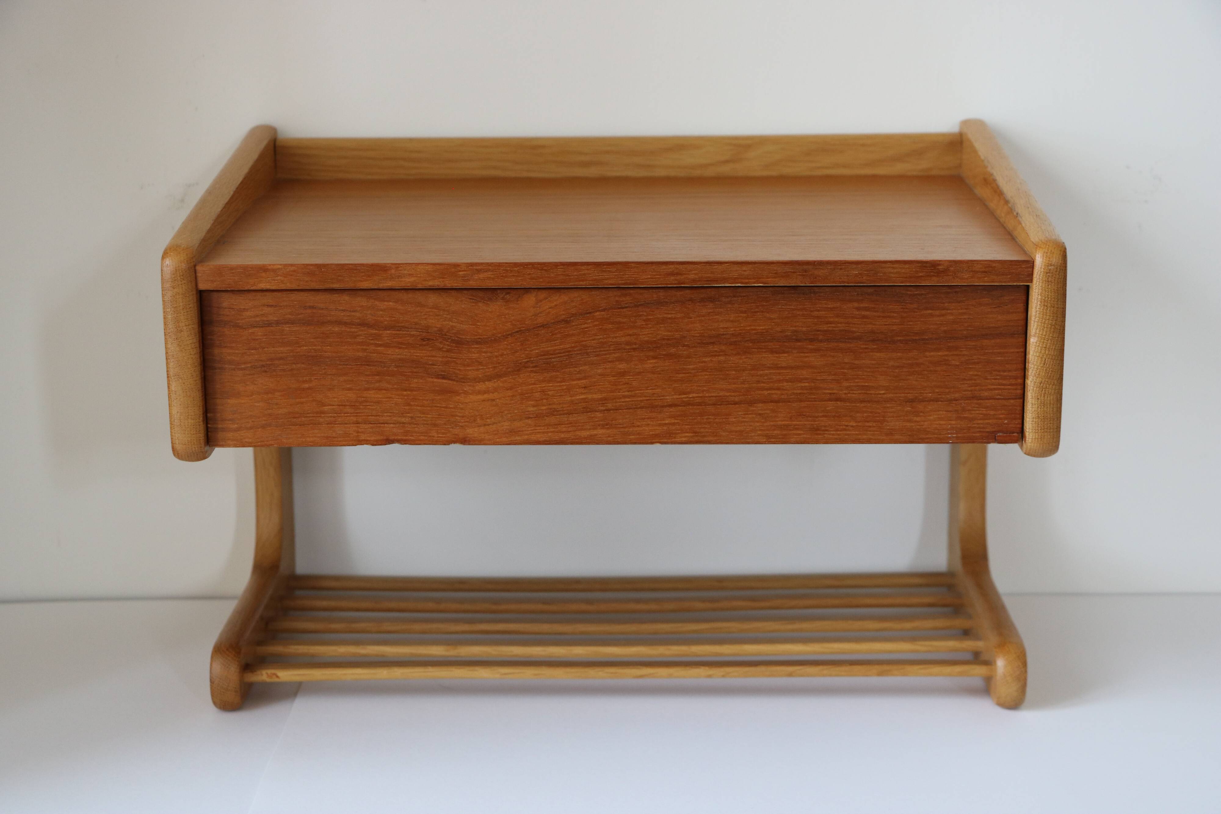Scandinavian bedside table or wall console, oak and teak 1960