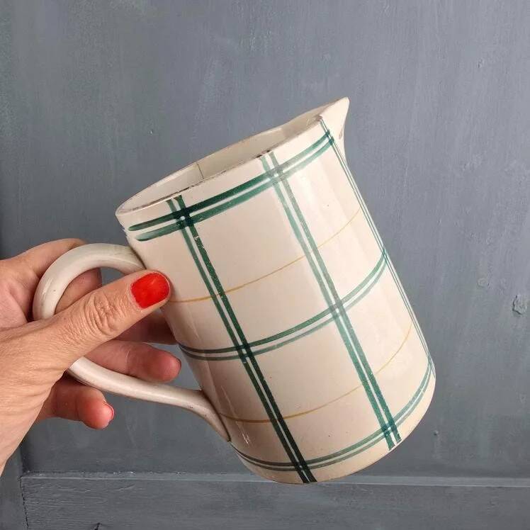 Old pitcher Moulin des Loups with green checks – Decorative vase jug country style