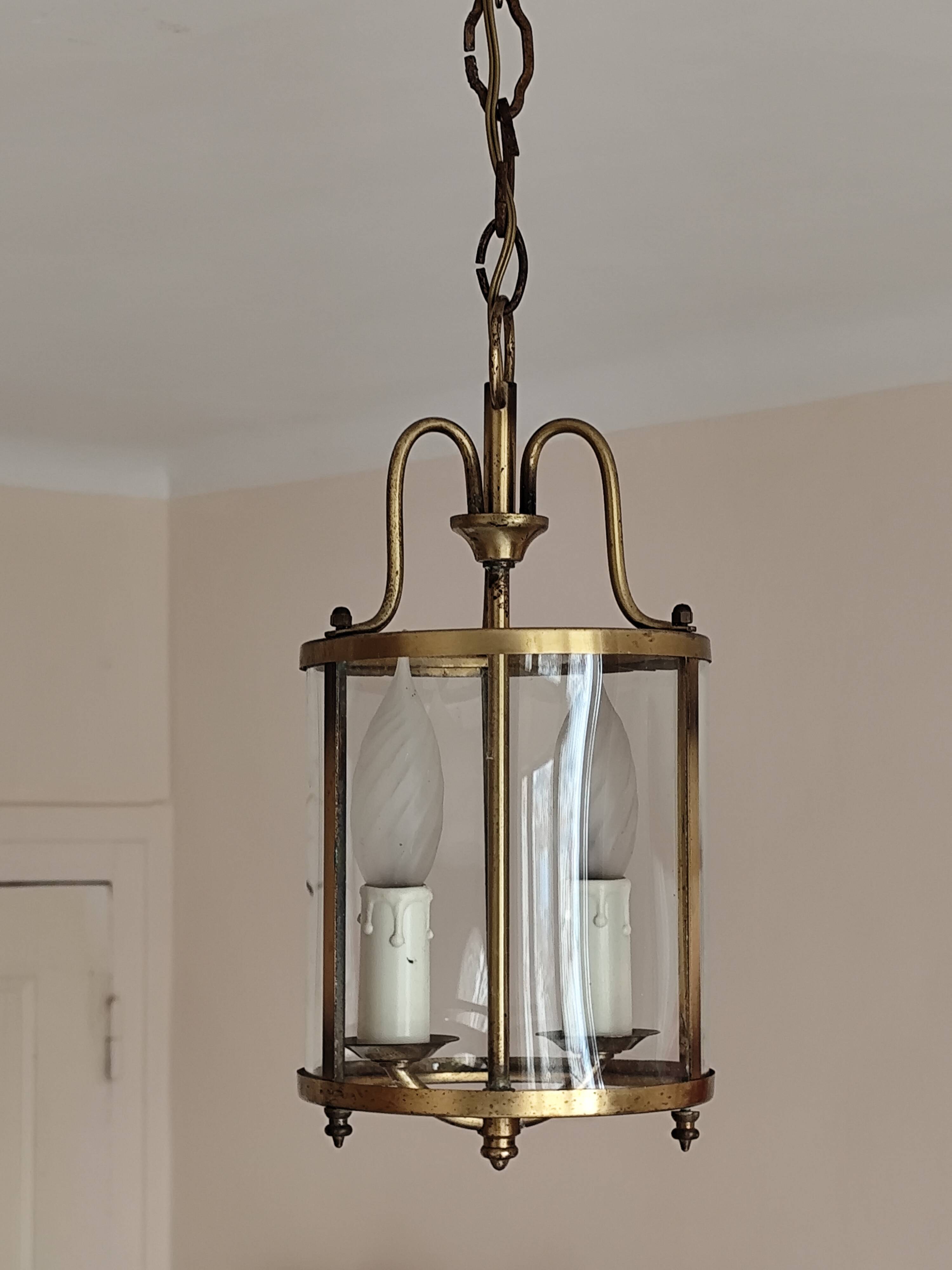 Cylindrical brass and glass lantern in Louis XVI style.