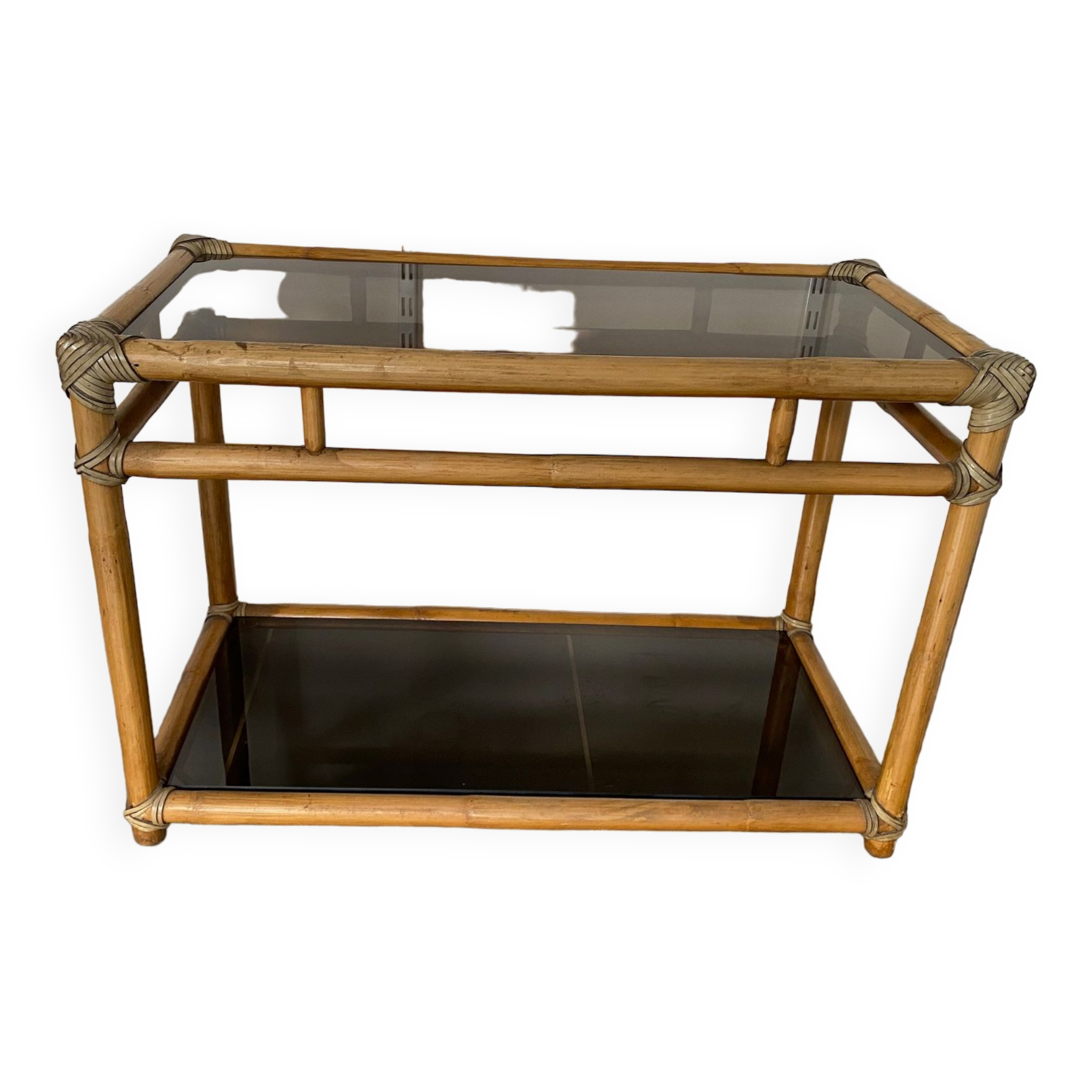 TV storage cabinet in rattan and vintage glass 1950