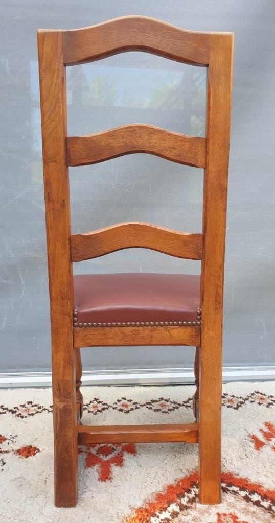 Set 6 chairs style Louis XIII VINTAGE 1980 Oak and Burgundy red leather