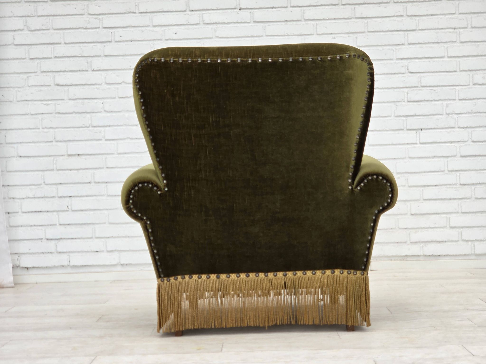 1970s, Danish lounge chair, high, furniture velour, ash wood legs.