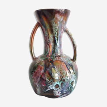 Vase polychrome à deux anses des faienceries de Sarreguemines / vintage années 50-60