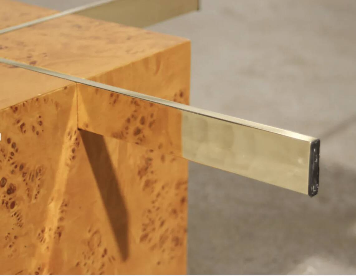 Coffee table in elm burl and tempered glass by Jean-Claude Mahey for Roche Bobois.
