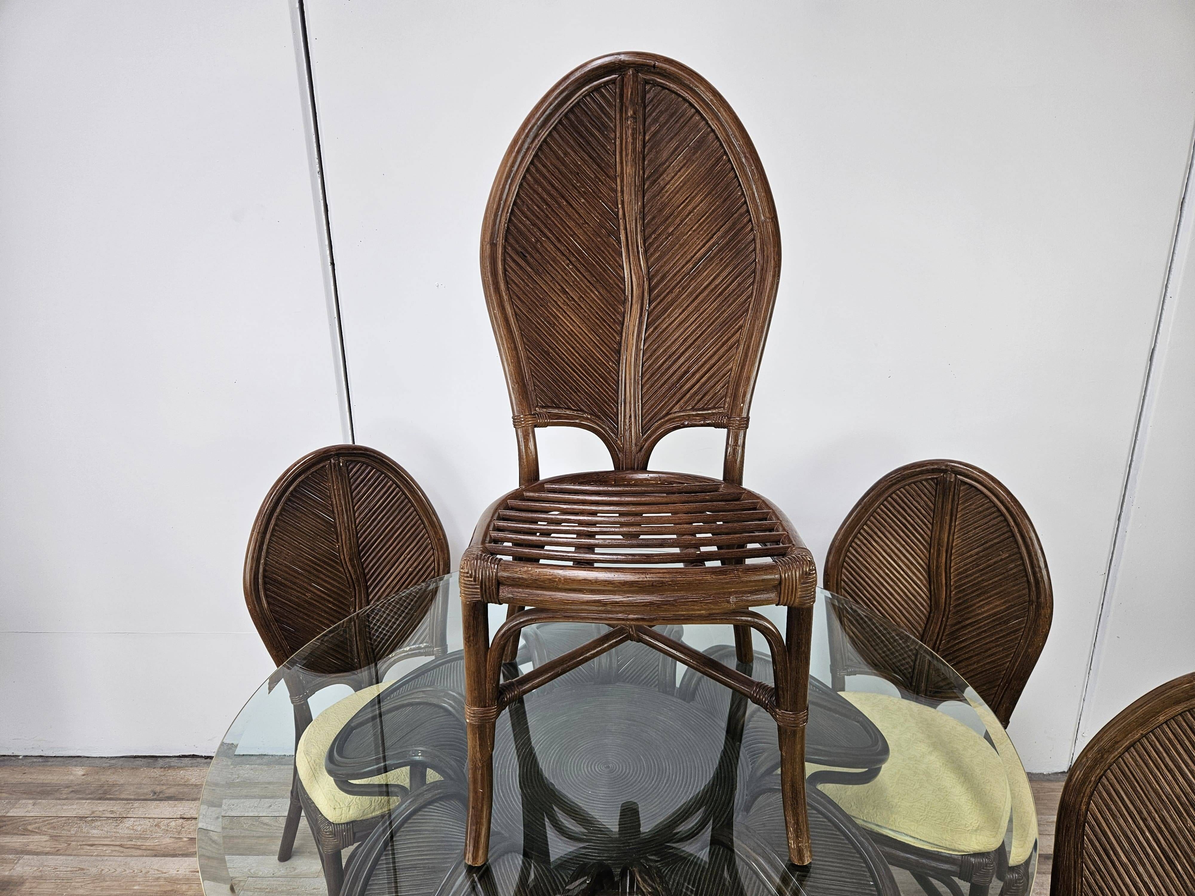 Ensemble table et quatre chaises en osier et bambou par Vivai Del Sud, 1970