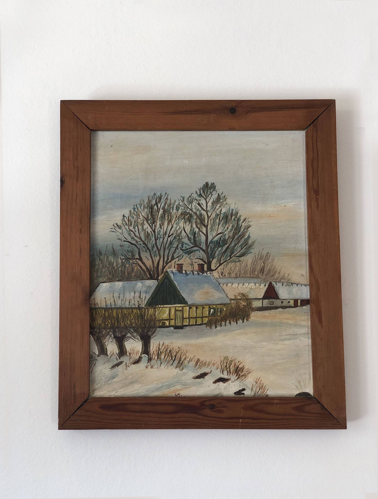Vintage Original Cottage Oil Painting: Framed Winter Landscape Art