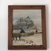 Vintage Original Cottage Oil Painting: Framed Winter Landscape Art