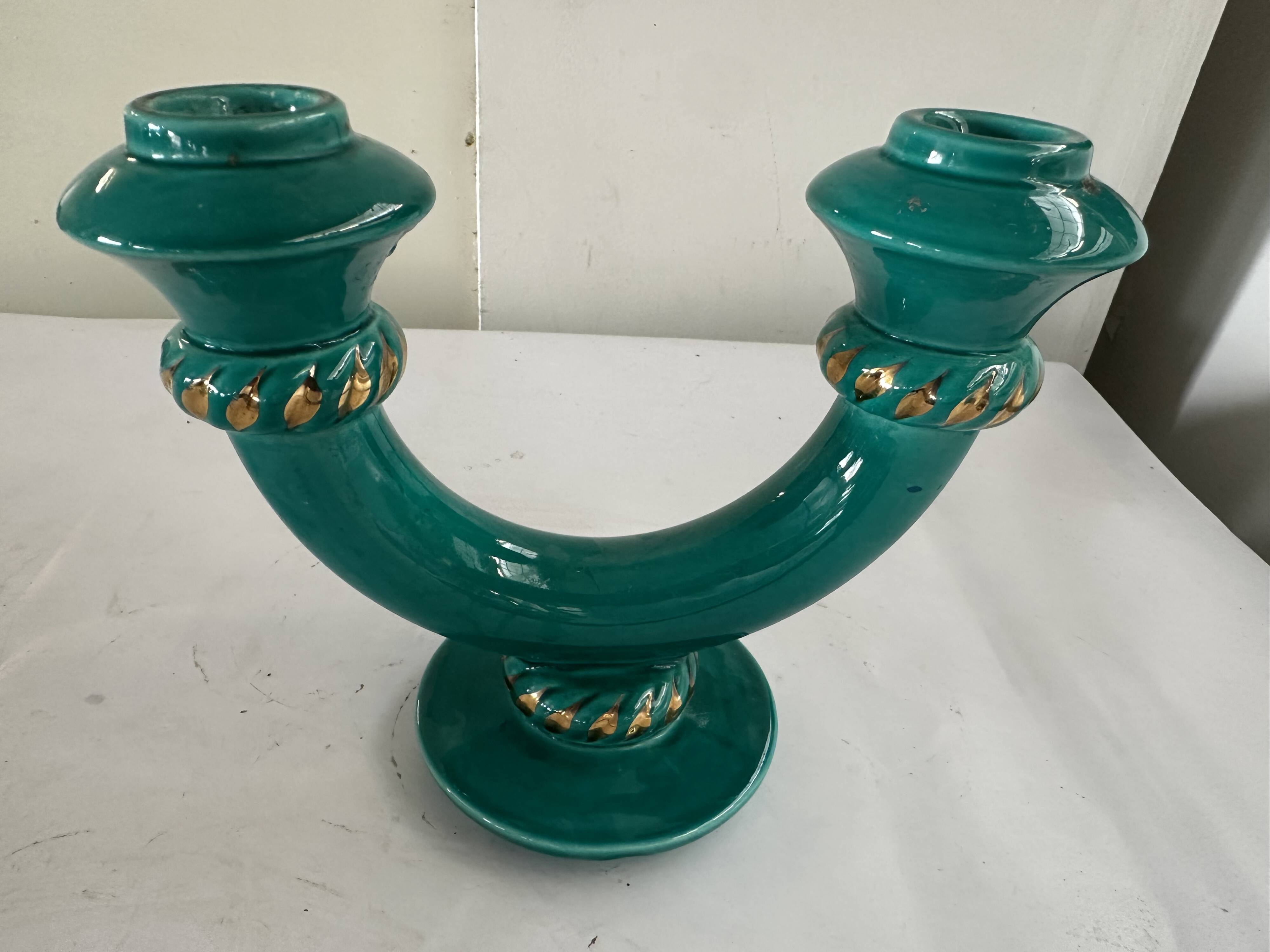 Art Deco candlestick in green and gold glazed ceramic, attributed to Vallauris