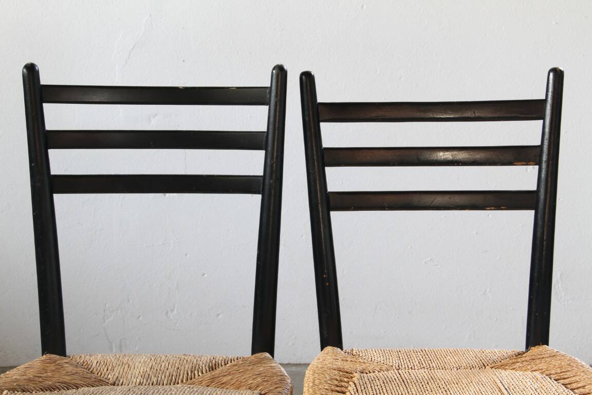 Vintage set of 8 Italian papercord black dining chairs, woven seat, 1950s