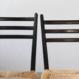 Vintage set of 8 Italian papercord black dining chairs, woven seat, 1950s