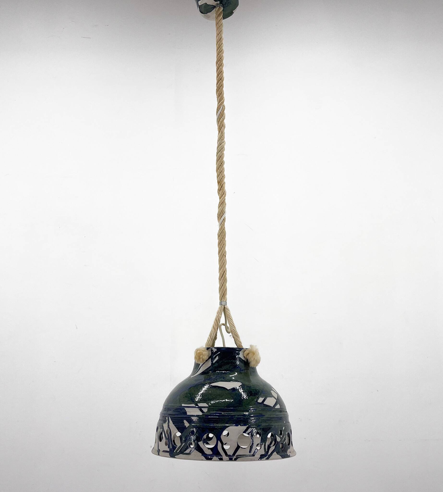 1970s Ceramic Pendant Light Suspended on a on Rope, Denmark