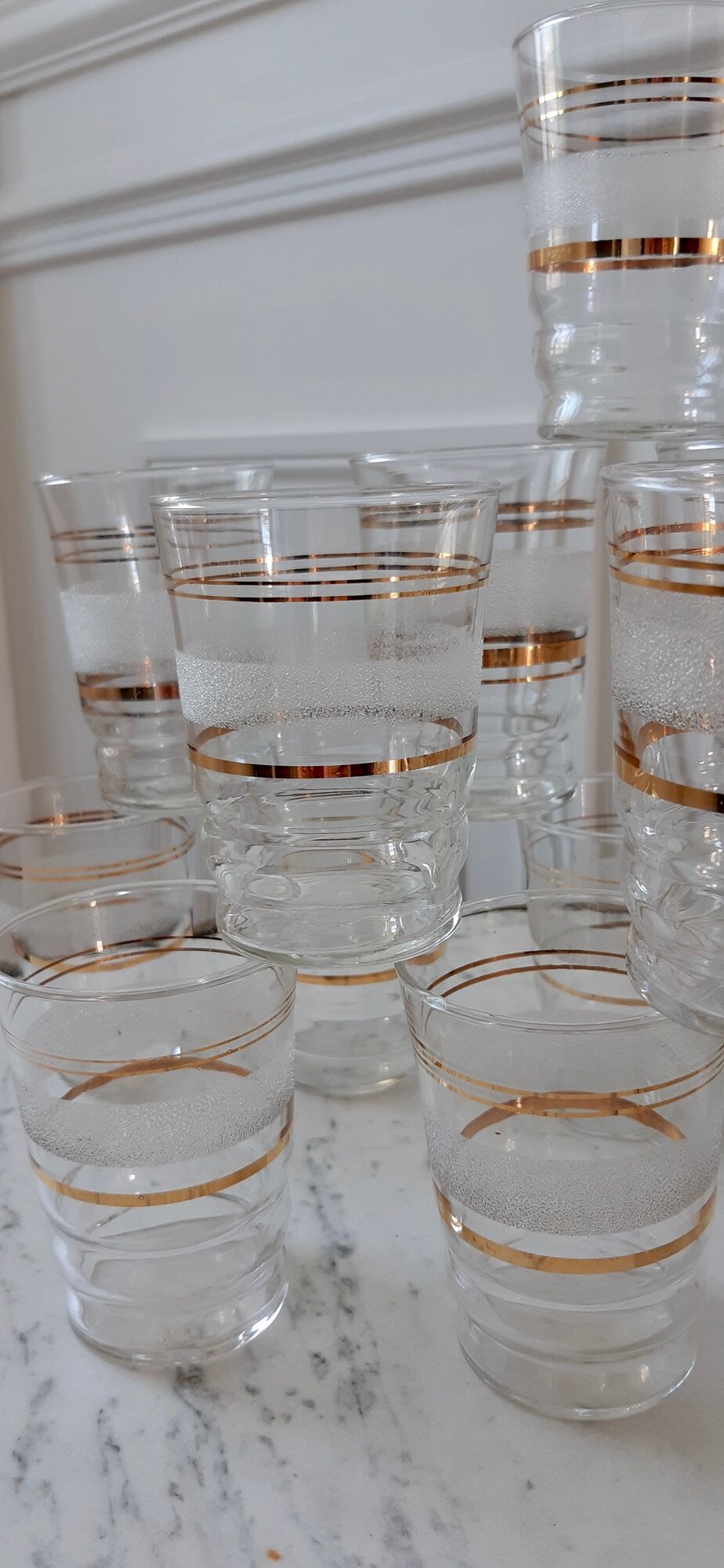 Set of 15 water glasses / granite cups with vintage border 50s
