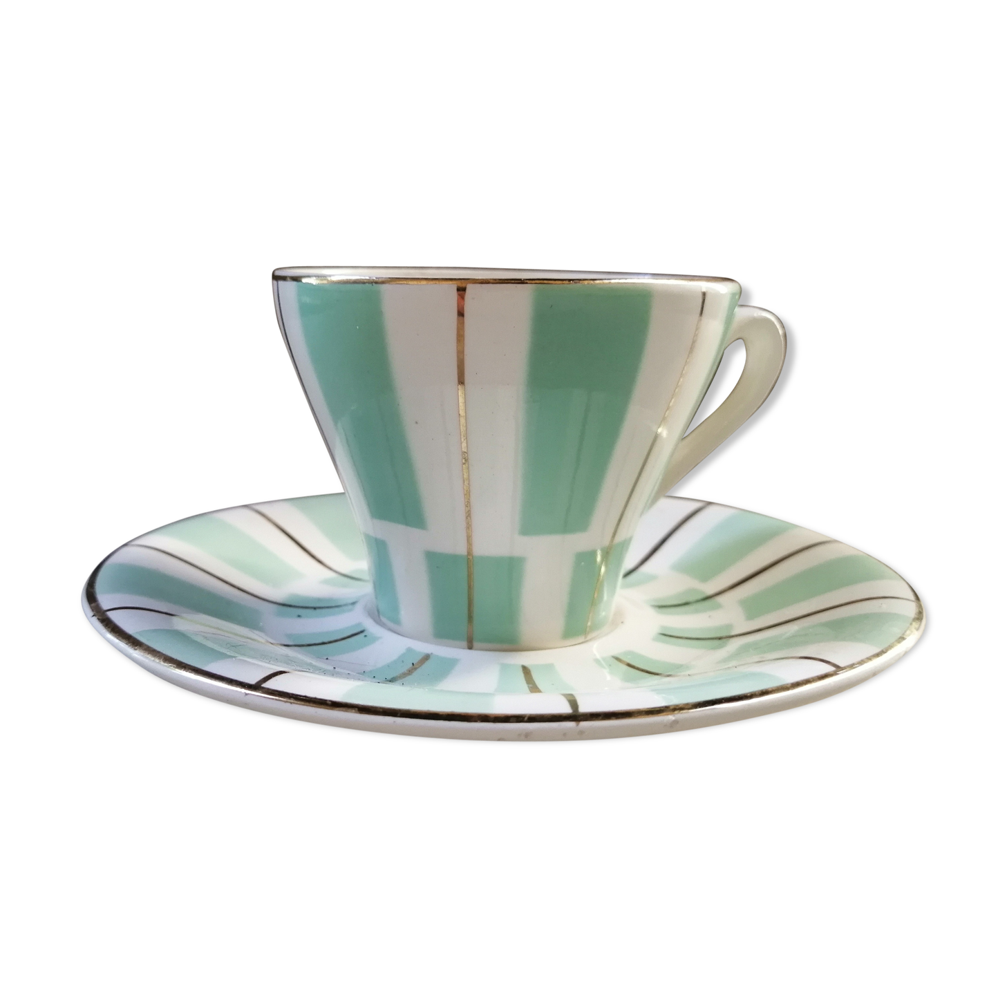 Digoin cup and saucer in green-striped Sarguemines