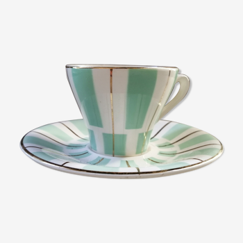 Digoin cup and saucer in green-striped Sarguemines