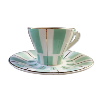Digoin cup and saucer in green-striped Sarguemines