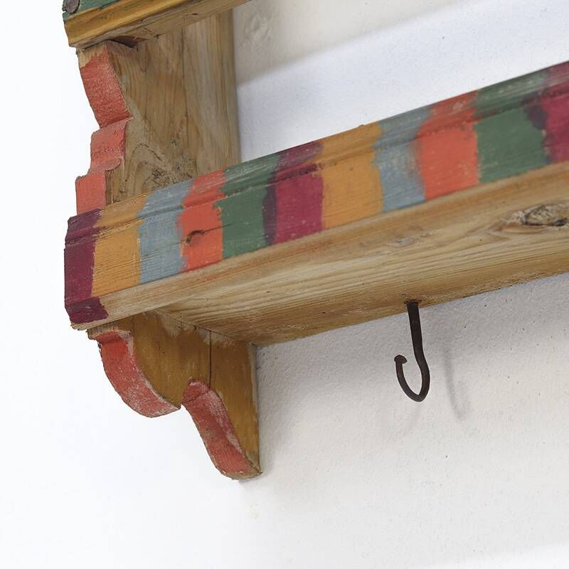 Antique Rustic Farmhouse Folk Art Painted Kitchen Plate Rack / Wall Shelve