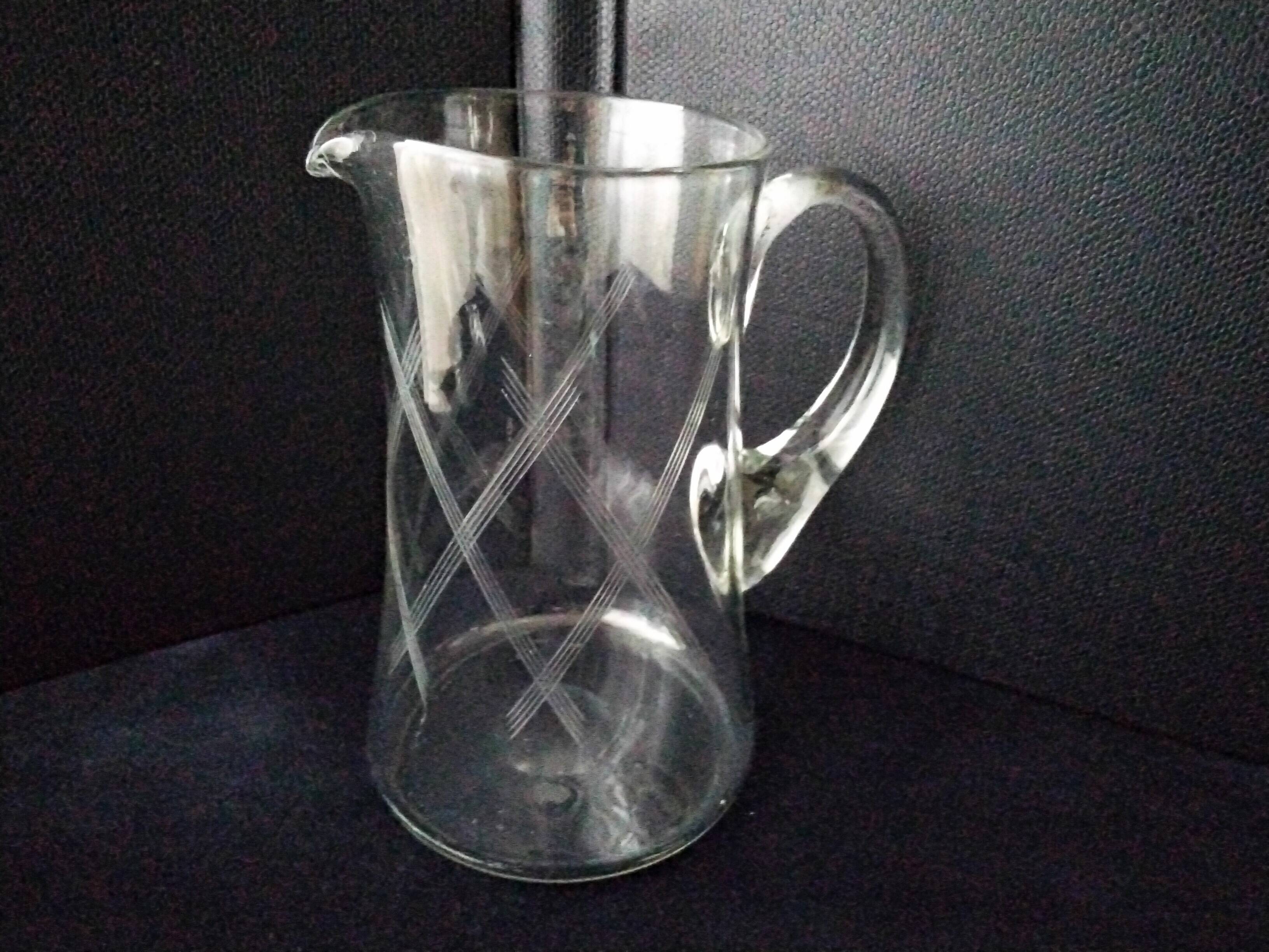 Water carafe, blown glass jug, engraved cross-hatched decoration