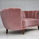 1970s, Danish 2-seater curved sofa, original salmon pink furniture velour.