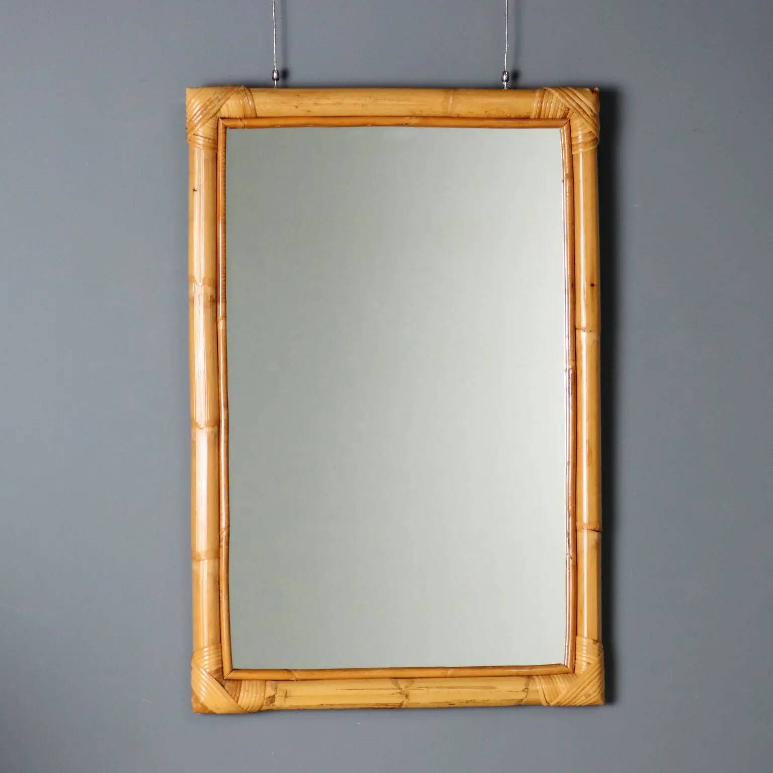 Vintage mirror design with bamboo and wicker frame, Italy, 1980s.