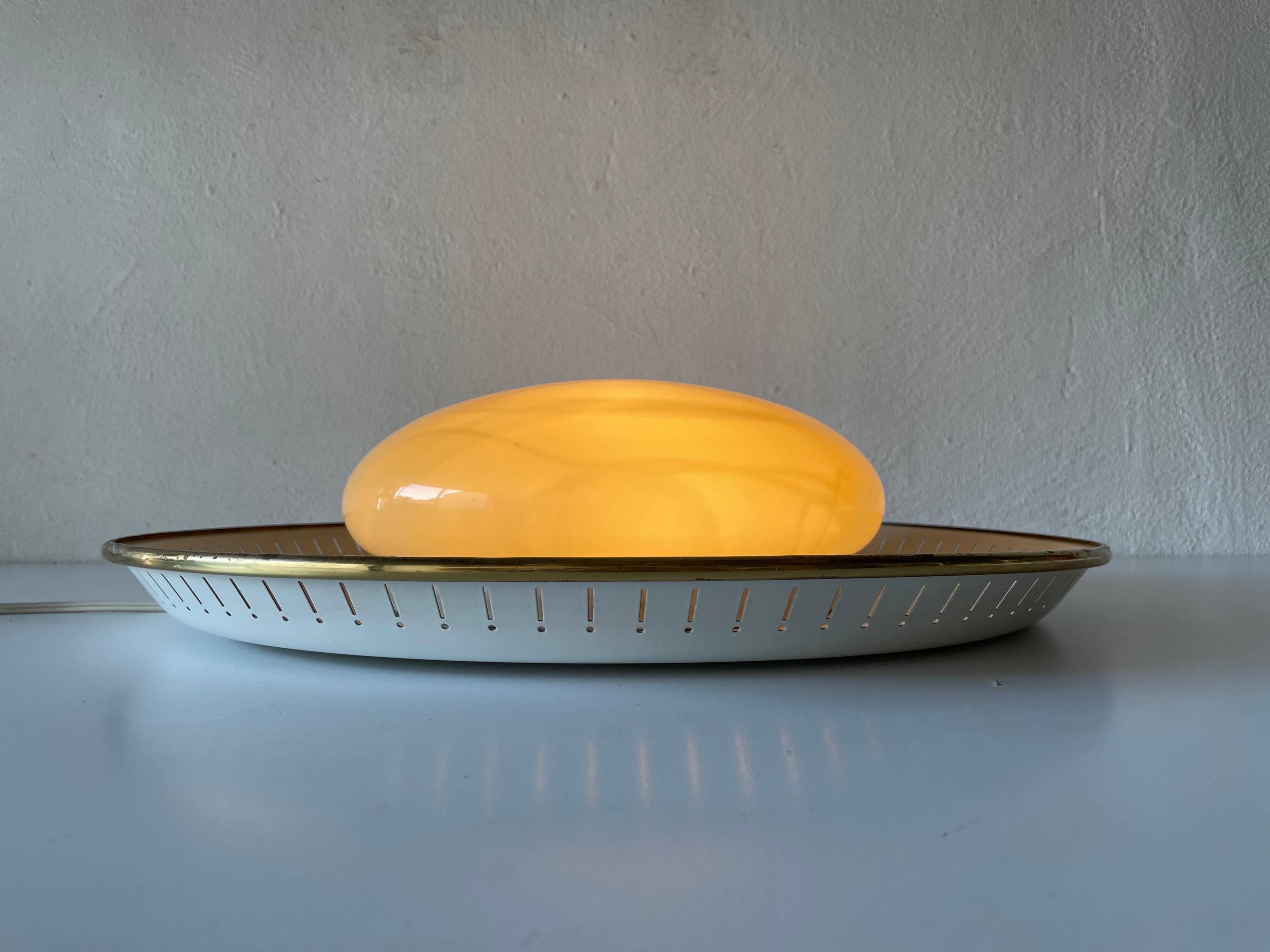 Brass disc and glass clip lamp from the mid-century by Hillebrand, 1950s, Germany.