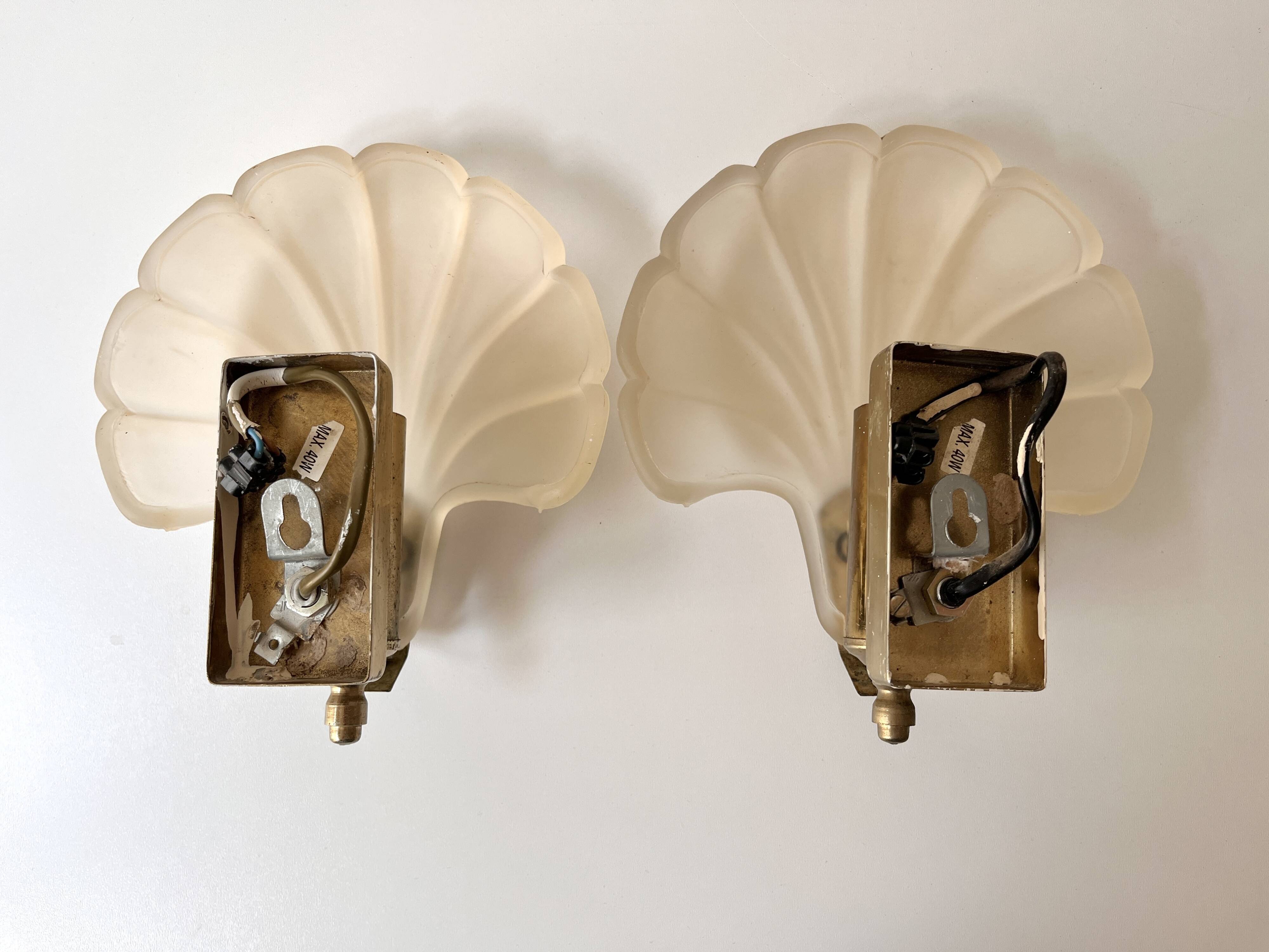 Pair of vintage shell glass wall lights, Art Deco style fixtures.