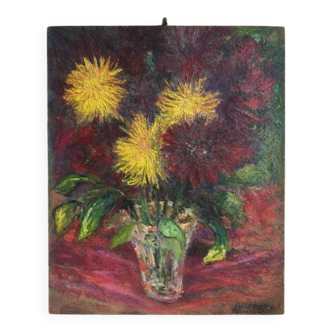 Old table from the 1950s – oil on wood panel – bouquet of chrysanthemums