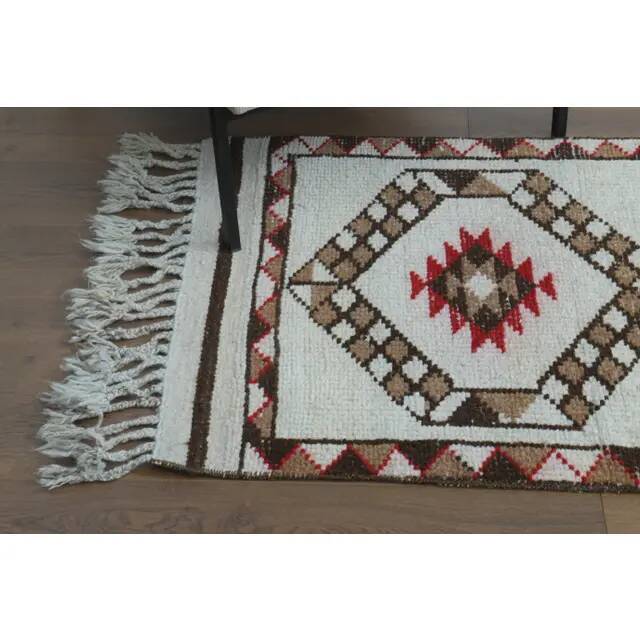 1970s Vintage Turkish Hand-Knotted Wool Cotton Beige Runner Rug 86x375