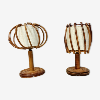 Pair of Louis Sognot rattan bedside lamps
