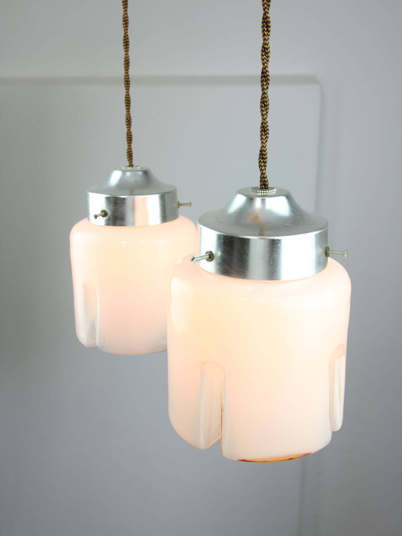 Mid-Century Italian Chrome and Glass Pendant Lamps, Set of 2