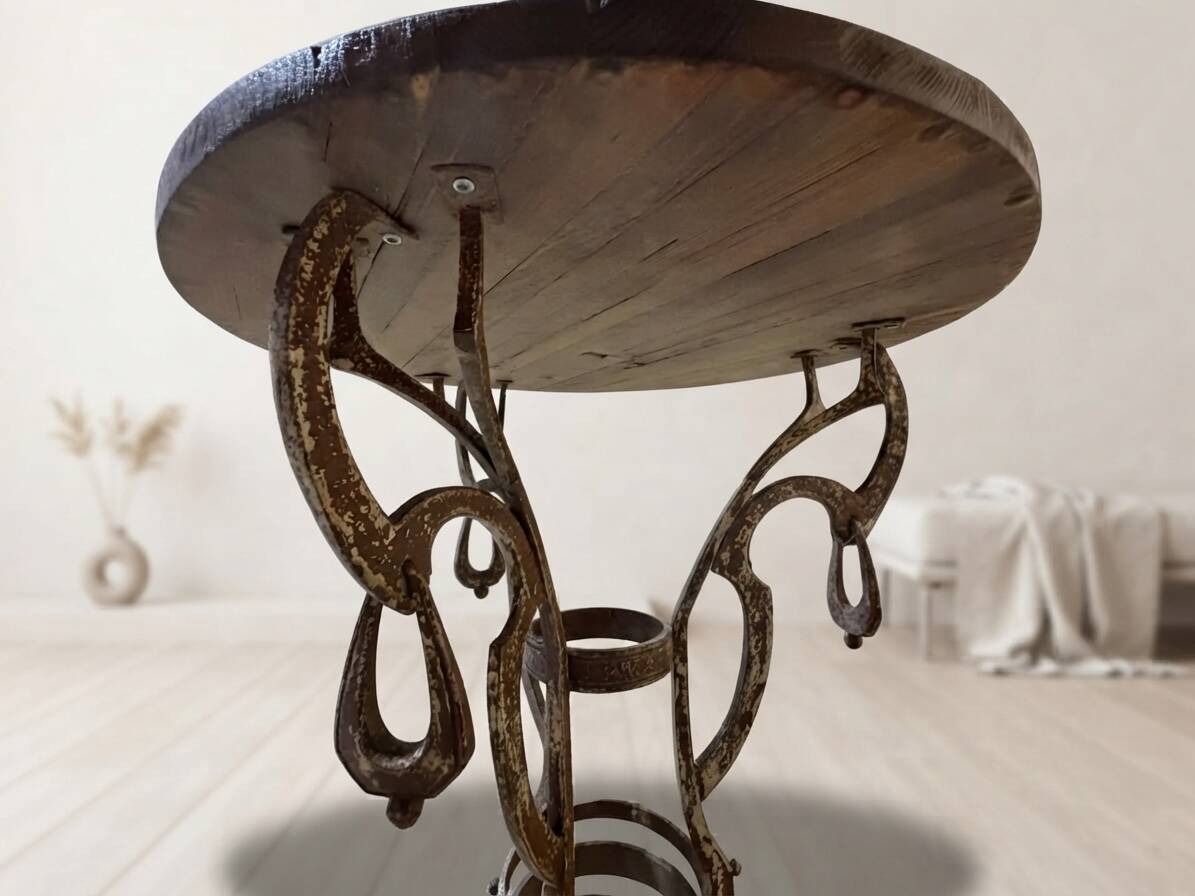 Handmade round side table with wrought iron base, circa 1980s, Czechoslovakia, 67 × 50 cm