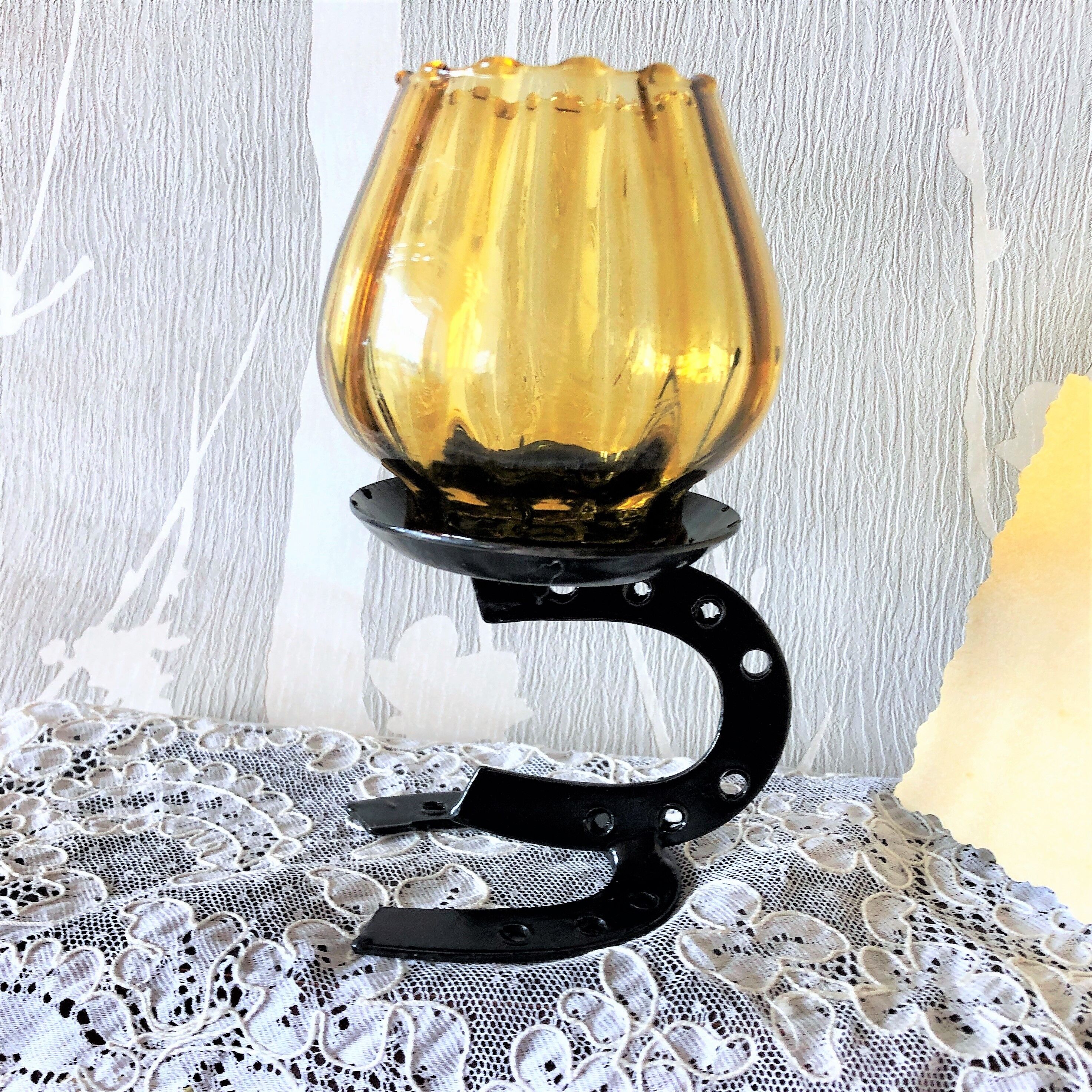 Candle holder photophore iron and amber glass vintage