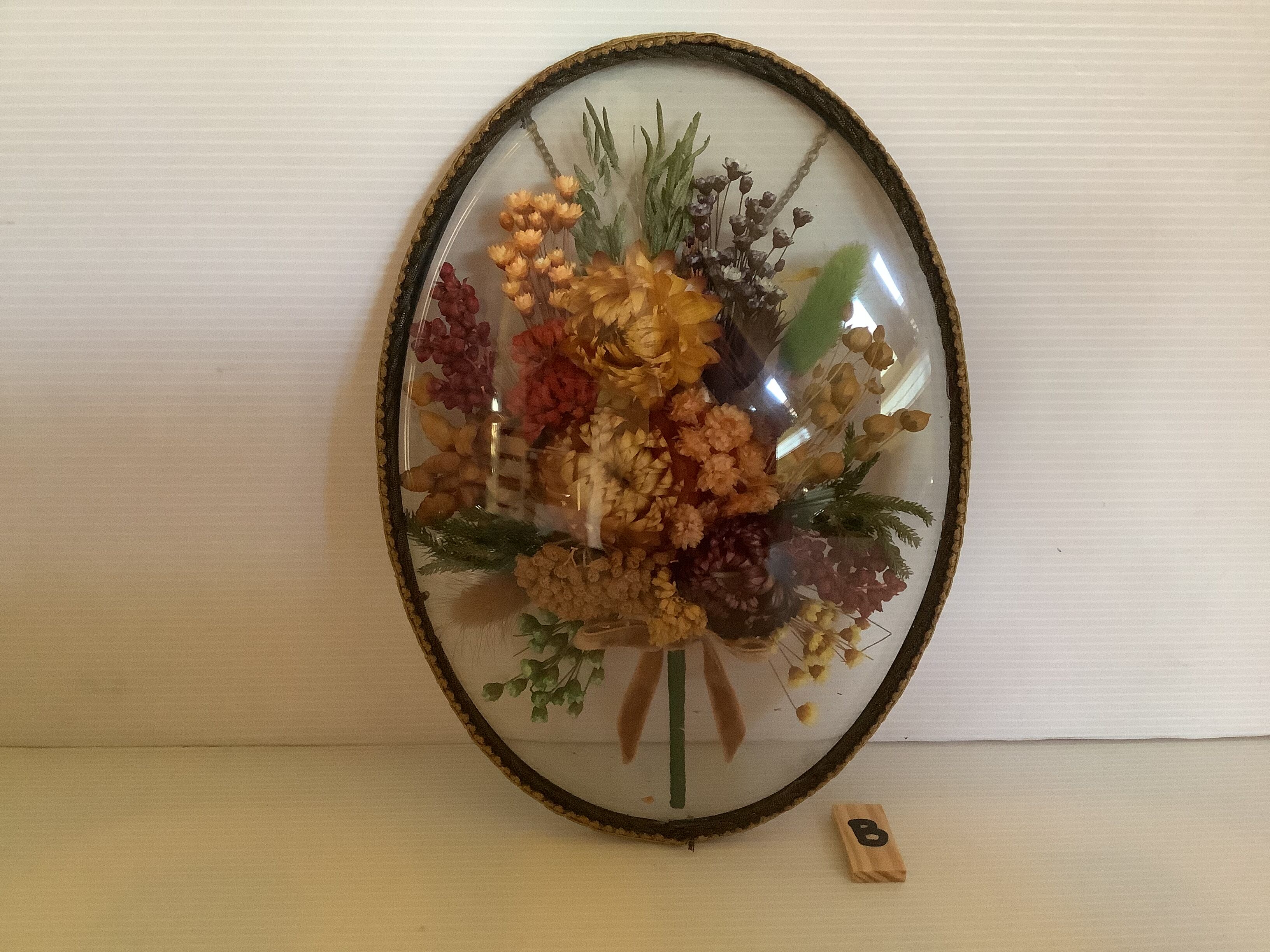 Old glass frame domed natural dried flowers