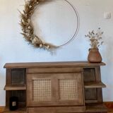 Antique TV cabinet in solid raw oak and canework