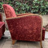 Pair of Art Deco club armchairs in burgundy red velvet, 1930s