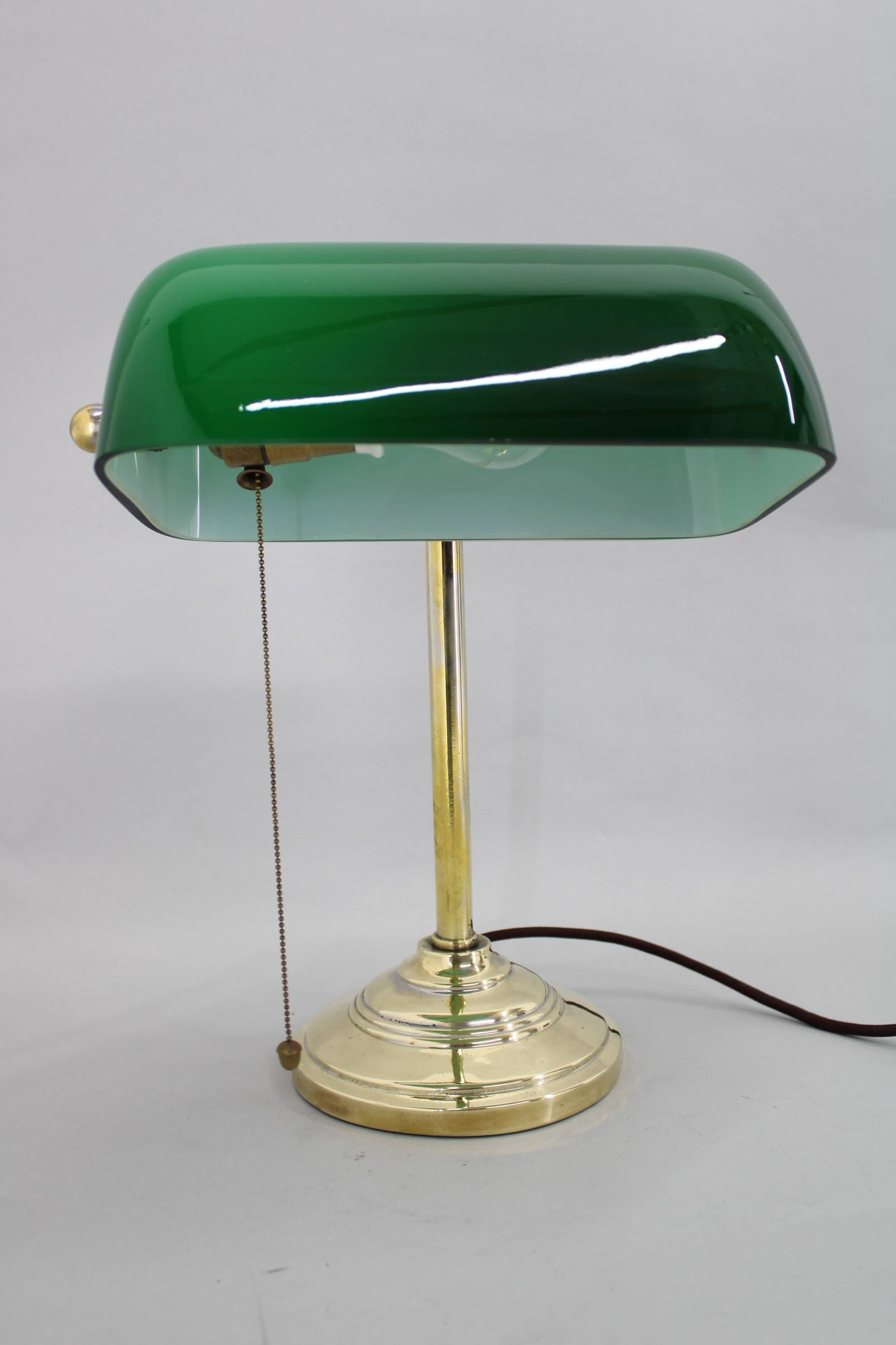 1930s Art Deco Brass  Banker Table Lamp with Glass Shade, Czechoslovakia