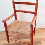 Fauteuil enfant vintage en bois et paille, années 50