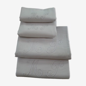 Antique sheets in white linen thread and 2 monogram pillowcases