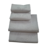 Antique sheets in white linen thread and 2 monogram pillowcases