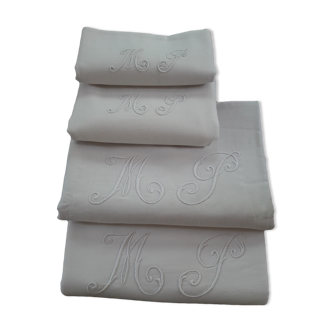 Antique sheets in white linen thread and 2 monogram pillowcases