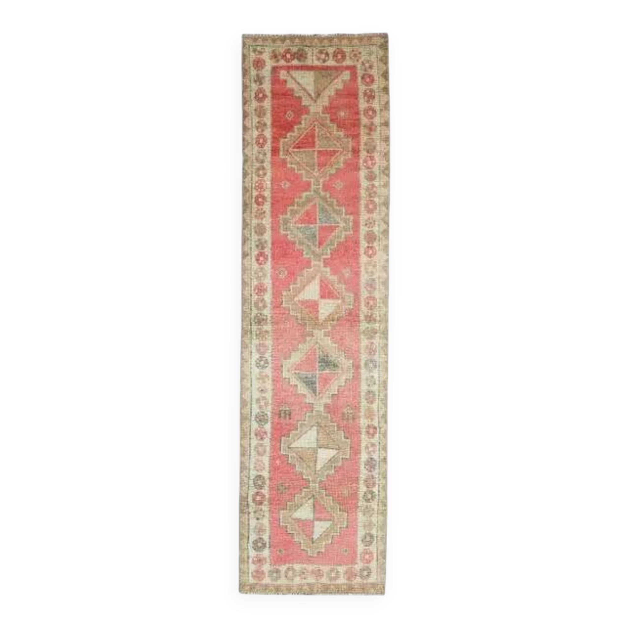 Tapis coureur vintage en laine et coton turc noué à la main rose 92x364