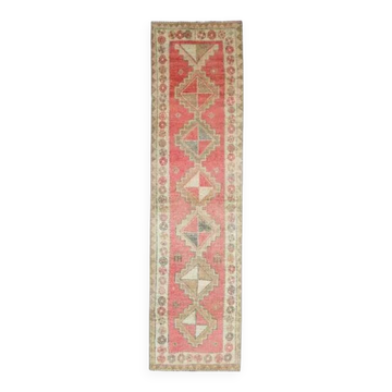 Tapis coureur vintage en laine et coton turc noué à la main rose 92x364