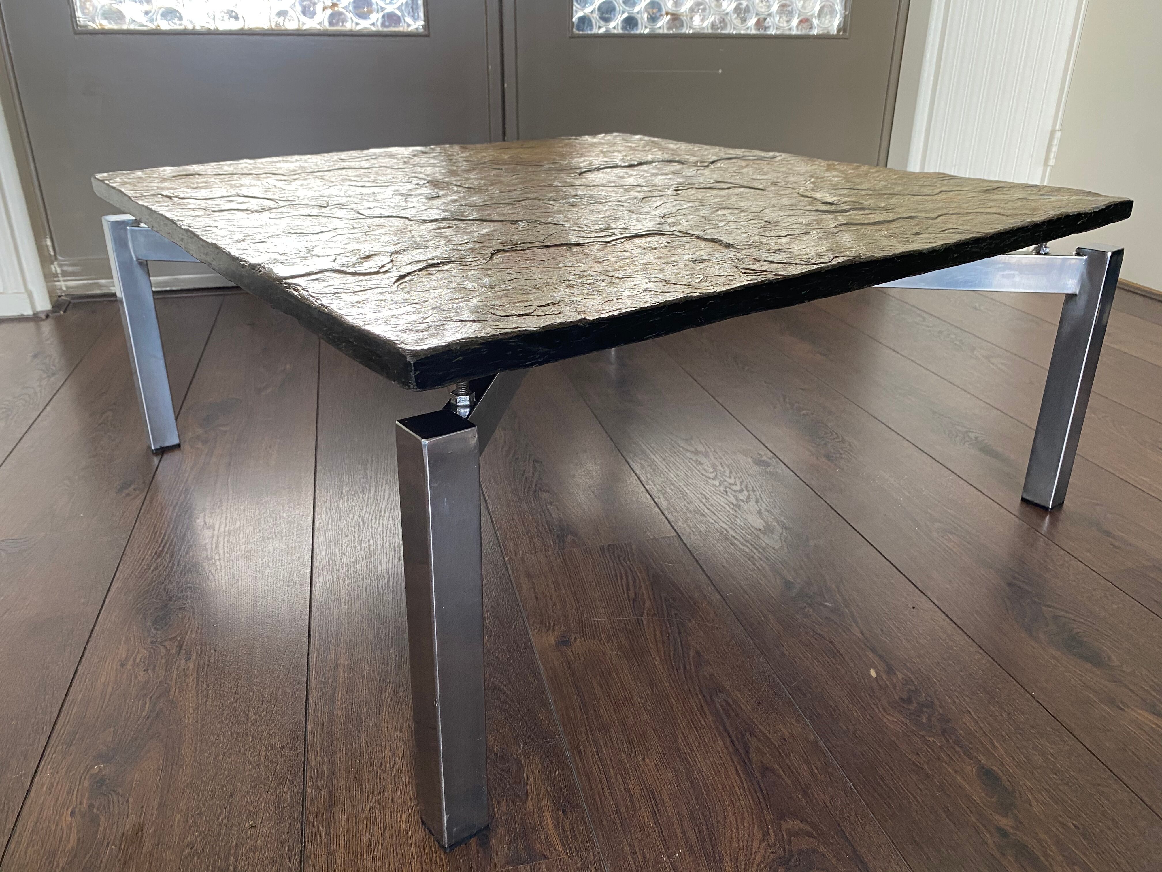 Vintage, Modernist Mid Century steel and slate stone coffee table, 1950s