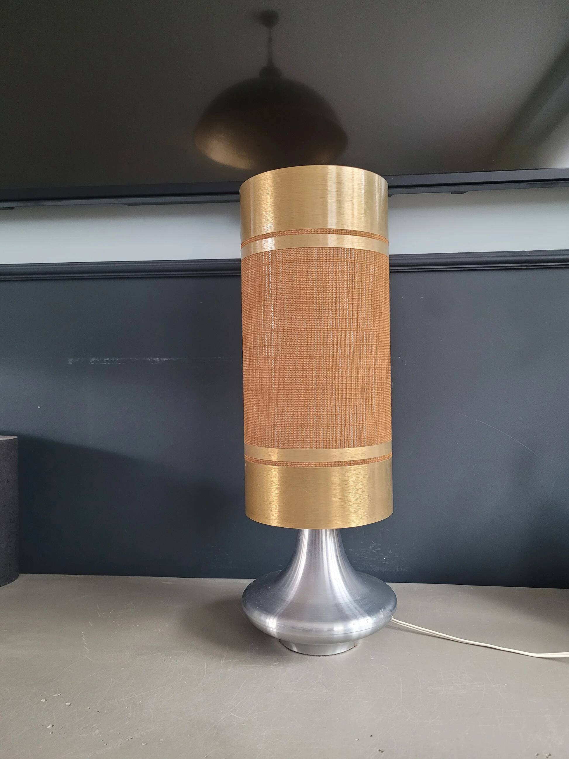 Vintage table lamp with brushed aluminium base - cylinder shade